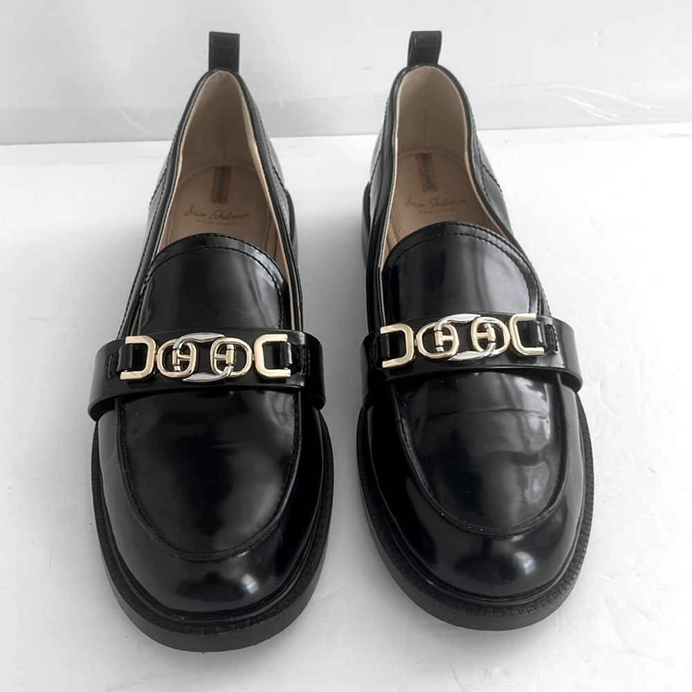 SAM EDELMAN Christy Black Loafers Gold Accent Chunky Block Heel Shoes Size 9.5 - Picture 6 of 8